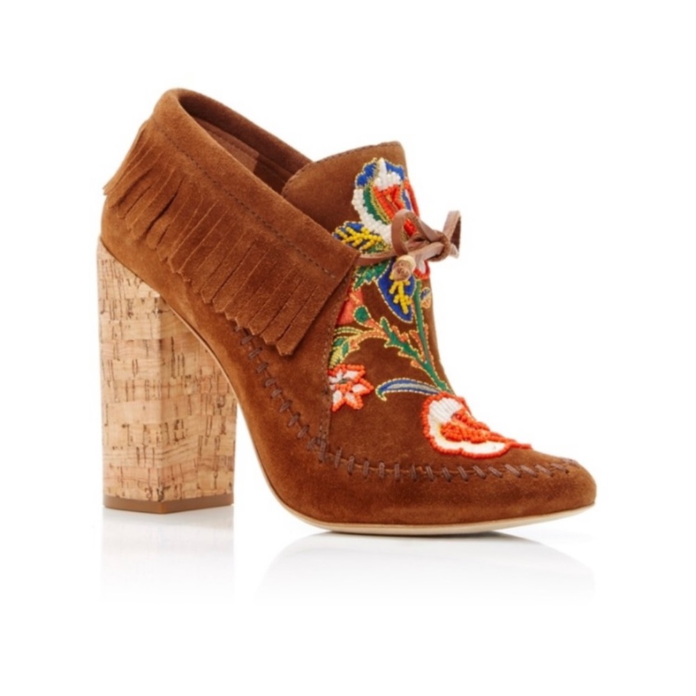 Tory Burch Huntington Fringe Suede Booties Size 5 Tan Brown Embroidered NWOB